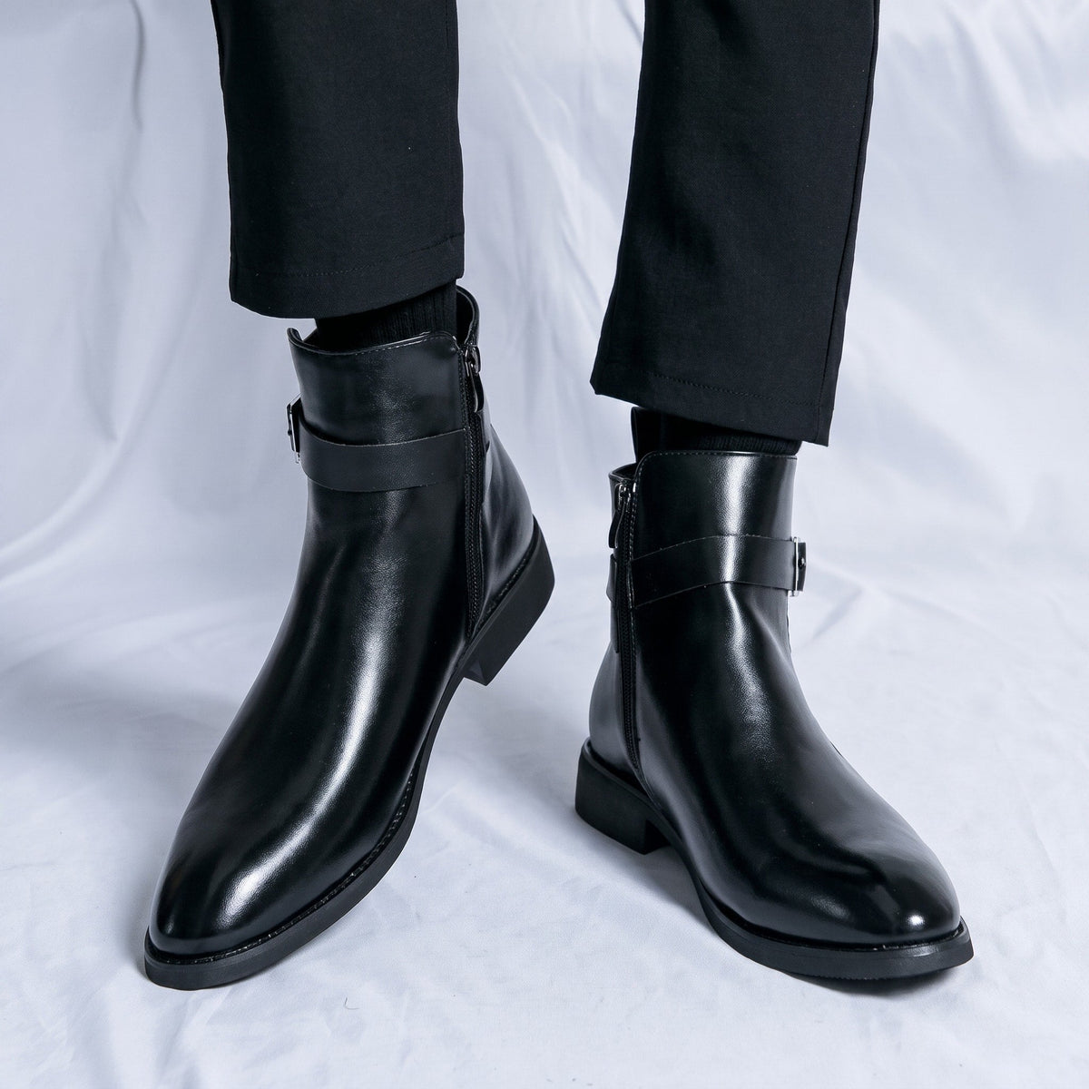Marcus - Men's Pointed Toe Ankle Boots with Buckle Strap - Boots - Black - Parker&Brooks