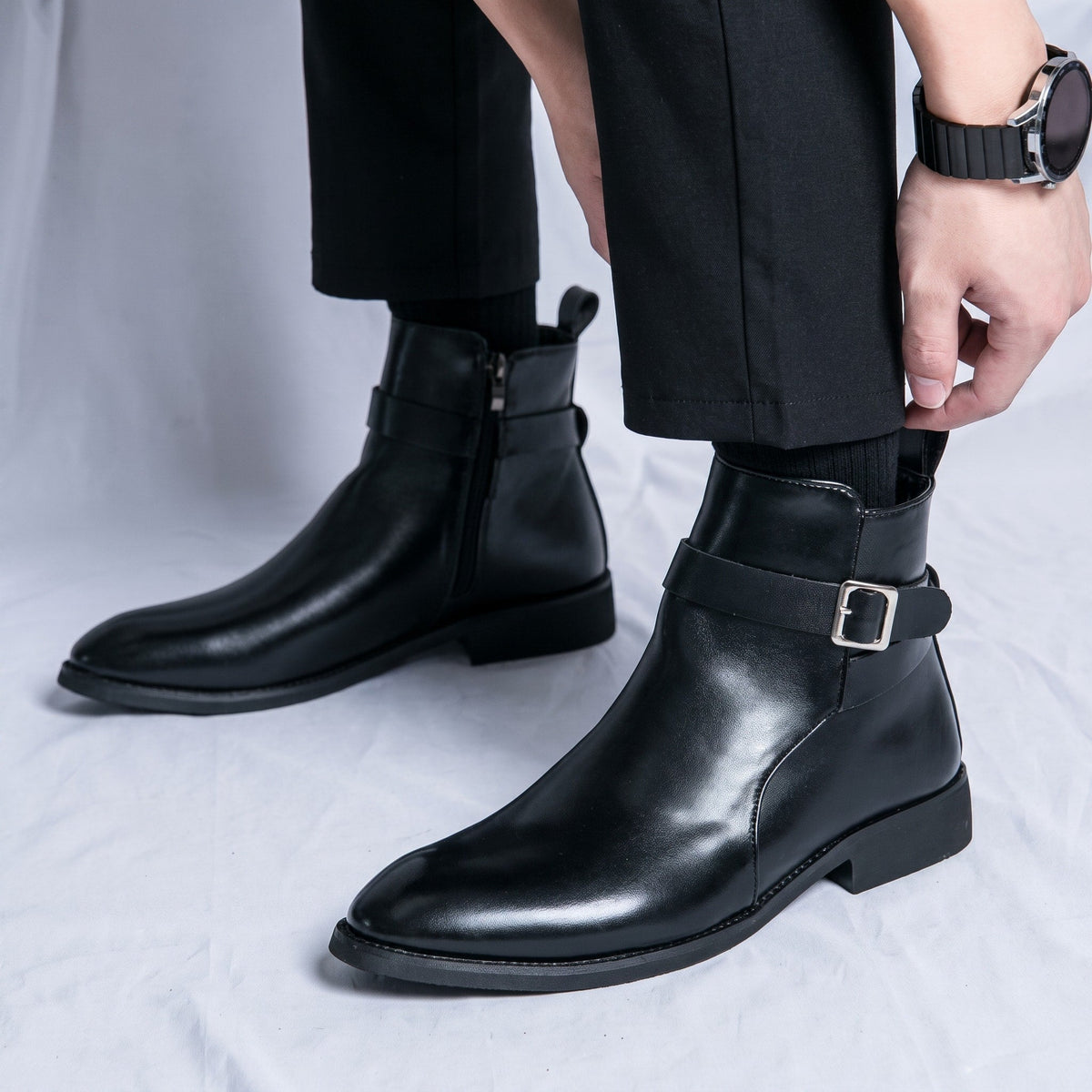 Marcus - Men's Pointed Toe Ankle Boots with Buckle Strap - Boots - Black - Parker&Brooks