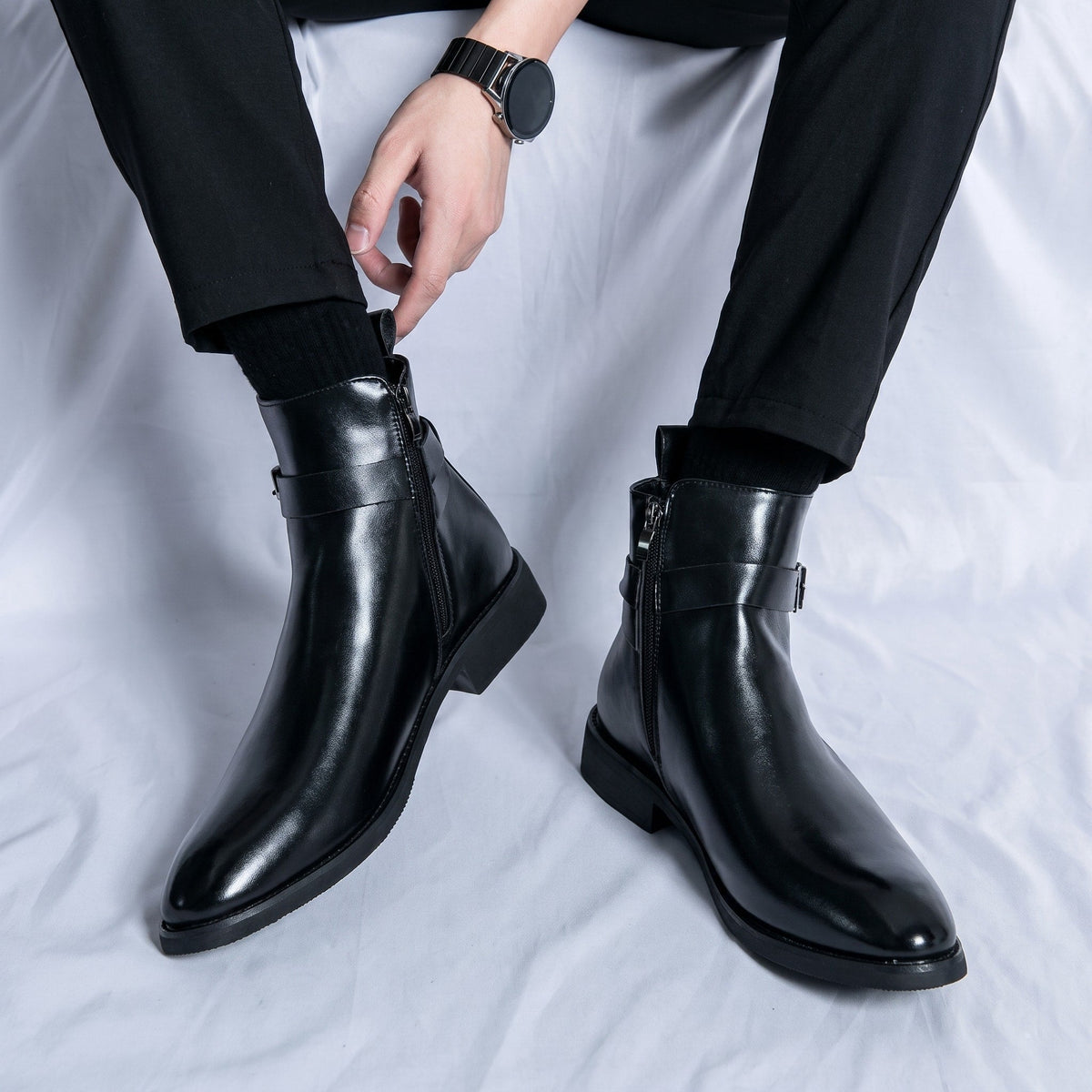 Marcus - Men's Pointed Toe Ankle Boots with Buckle Strap - Boots - Black - Parker&Brooks