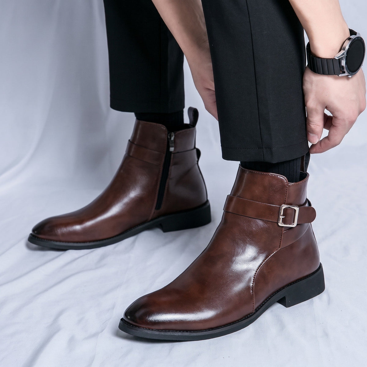 Marcus - Men's Pointed Toe Ankle Boots with Buckle Strap - Boots - Brown - Parker&Brooks