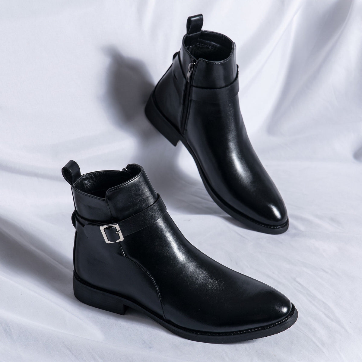 Marcus - Men's Pointed Toe Ankle Boots with Buckle Strap - Boots - Black - Parker&Brooks
