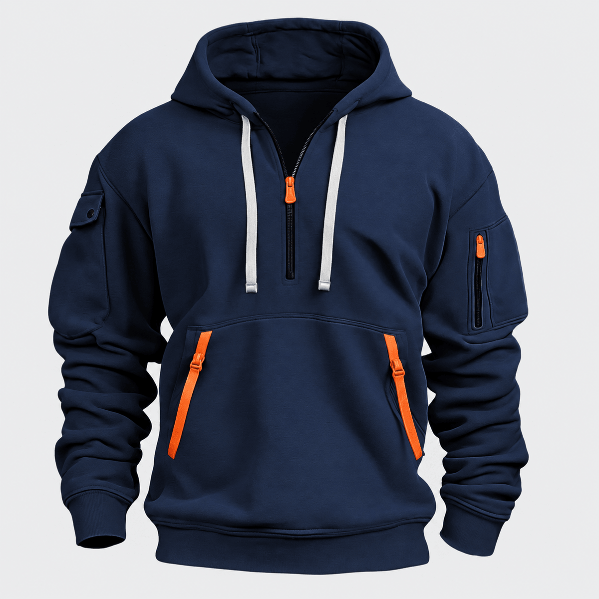 Marcus - Men's Quarter-Zip Hooded Sweatshirt with Cargo Pockets - Hoodies - Dark Blue - Sarvento