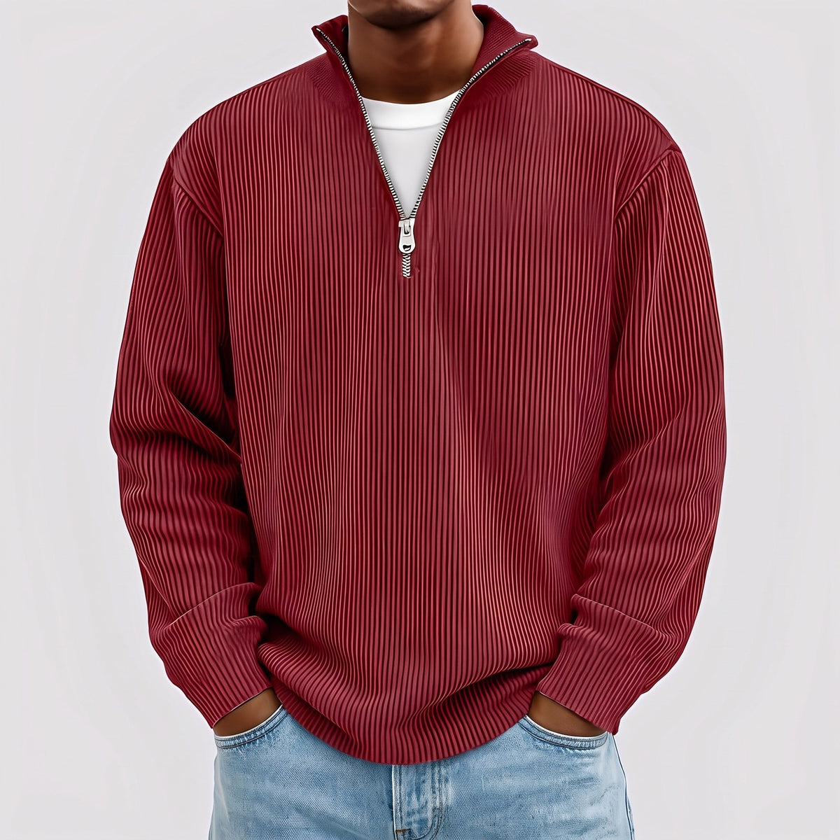 Marcus - Men's Quarter-Zip Ribbed Sweater with Mock Neck Collar - Sweater - Red - Sarvento
