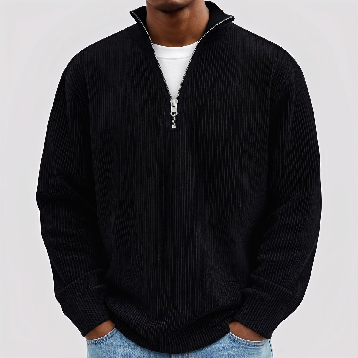 Marcus - Men's Quarter-Zip Ribbed Sweater with Mock Neck Collar - Sweater - Black - Sarvento