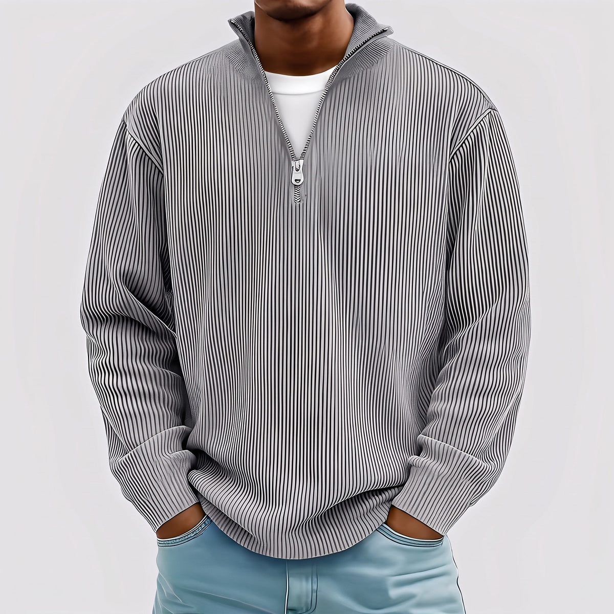 Marcus - Men's Quarter-Zip Ribbed Sweater with Mock Neck Collar - Sweater - Gray - Sarvento