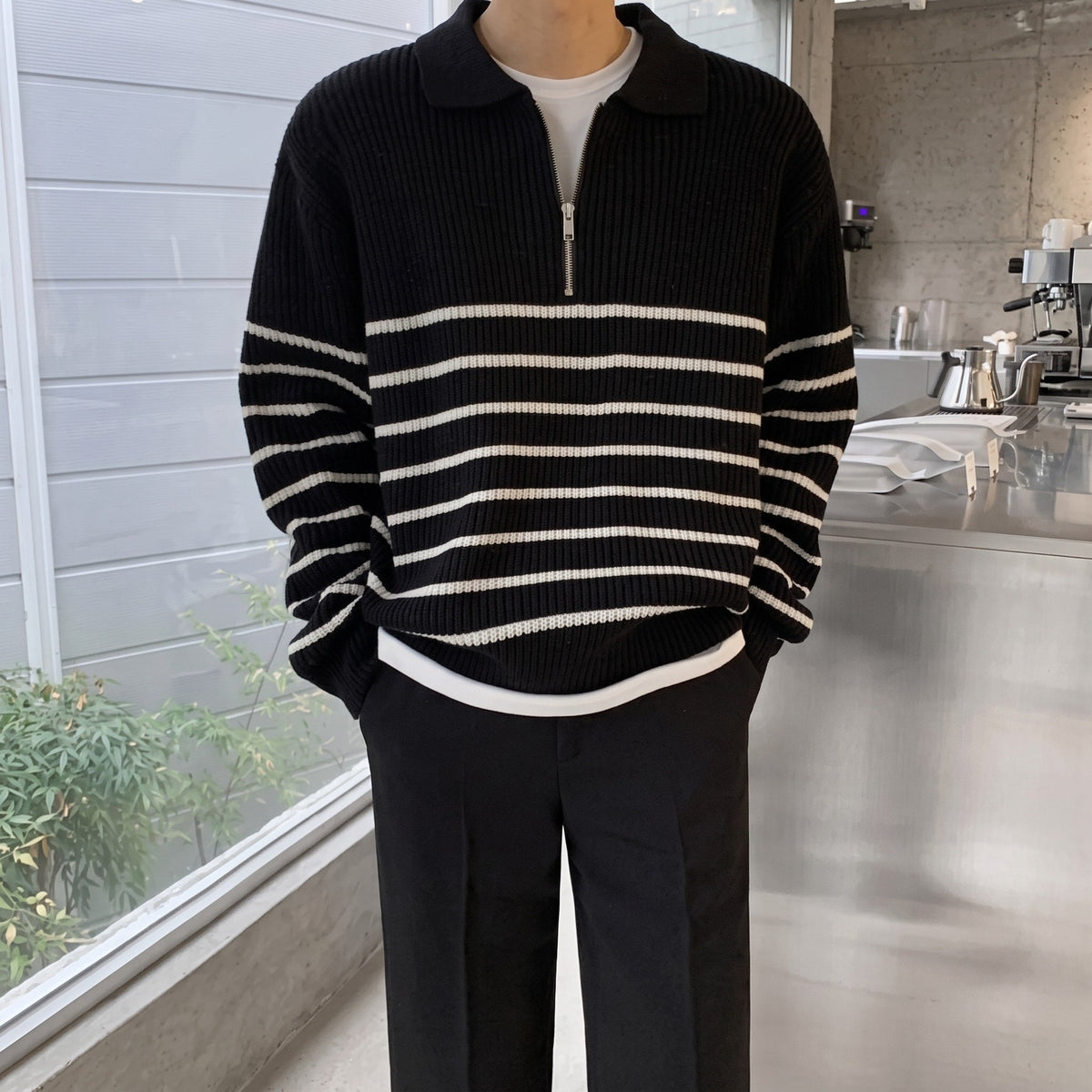 Marcus - Men's Quarter-Zip Striped Sweater with Collared Neckline - Sweaters - Black - Sarvento