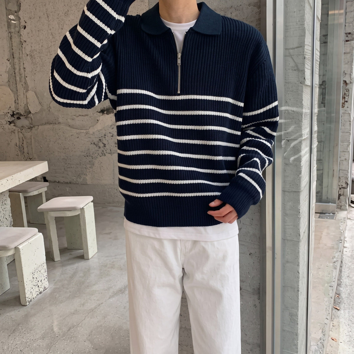 Marcus - Men's Quarter-Zip Striped Sweater with Collared Neckline - Sweaters - Black - Sarvento
