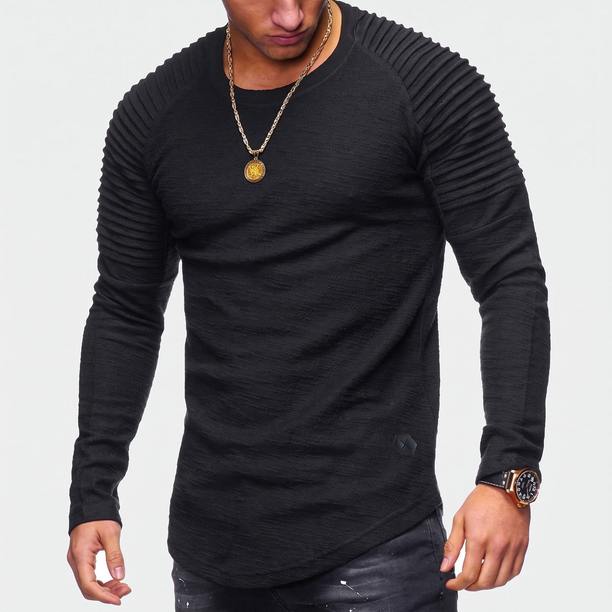 Marcus - Men's Ribbed Raglan Sleeve Long Sleeve T-Shirt with Curved Hem - T-Shirt - Black - Sarvento