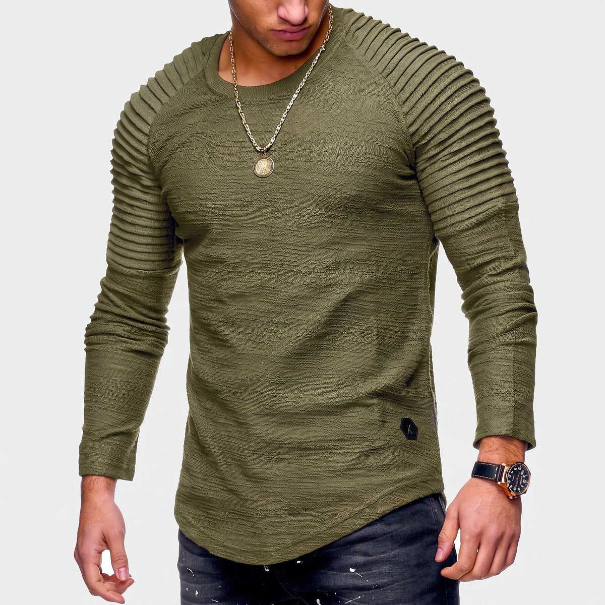 Marcus - Men's Ribbed Raglan Sleeve Long Sleeve T-Shirt with Curved Hem - T-Shirt - Green - Sarvento