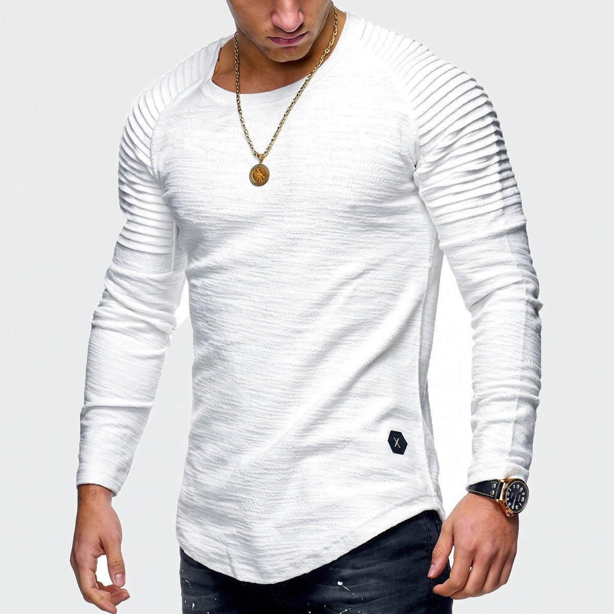 Marcus - Men's Ribbed Raglan Sleeve Long Sleeve T-Shirt with Curved Hem - T-Shirt - White - Sarvento
