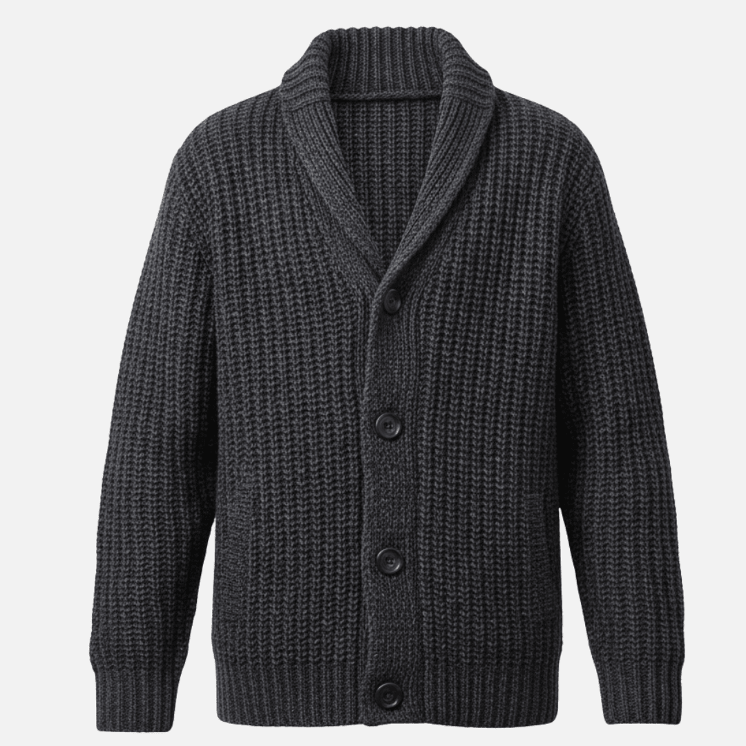 Marcus - Men's Shawl Collar Ribbed Knit Cardigan with Patch Pockets - Cardigans - Gray - Sarvento