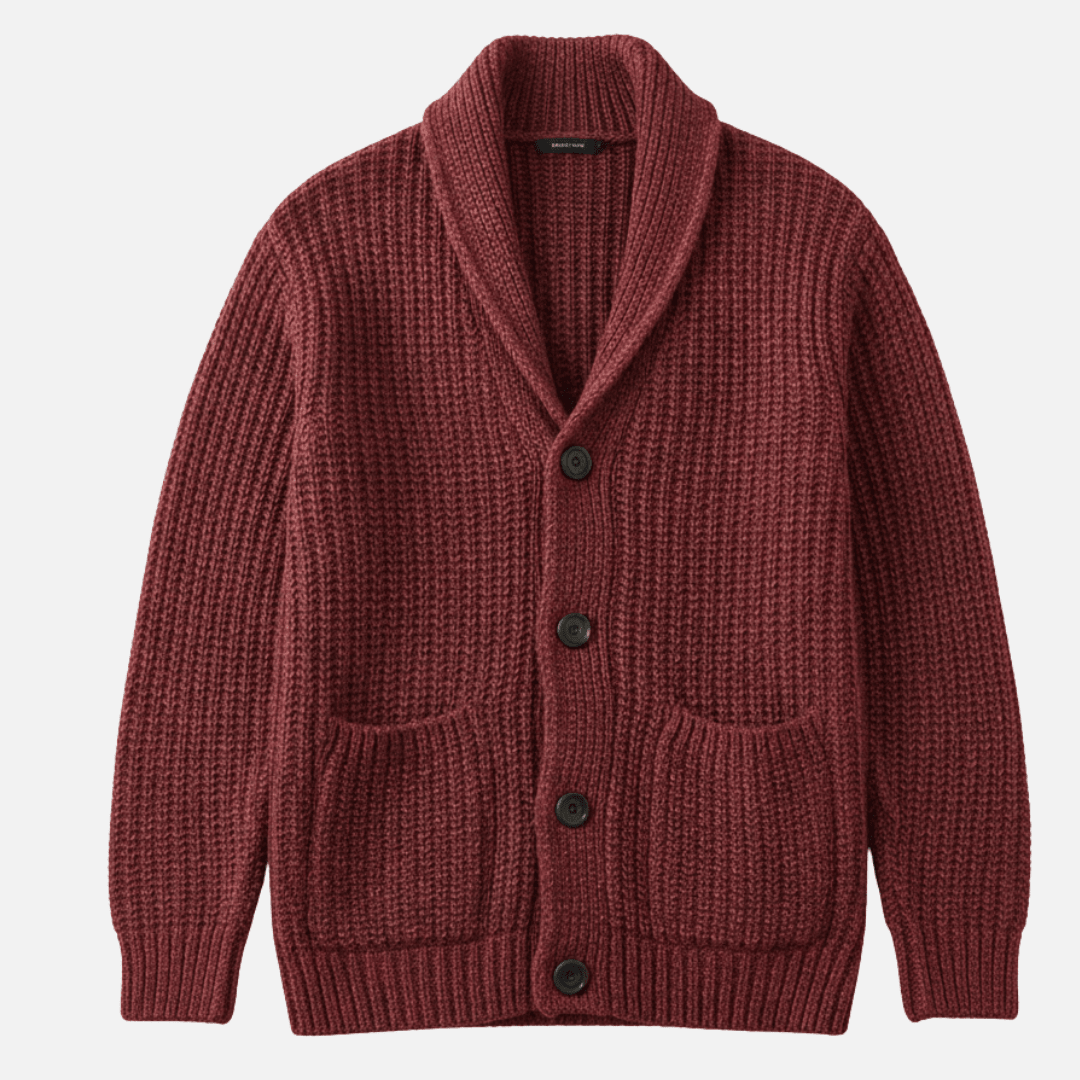 Marcus - Men's Shawl Collar Ribbed Knit Cardigan with Patch Pockets - Cardigans - Red - Sarvento