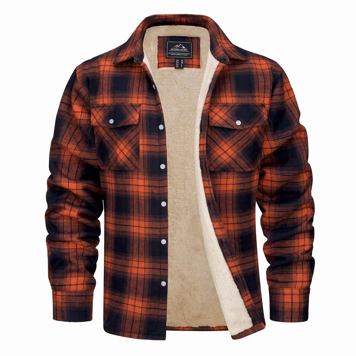 Marcus - Men's Sherpa-Lined Plaid Flannel Shirt Jacket with Chest Pockets - Coats & Jackets - Orange - Parker&Brooks