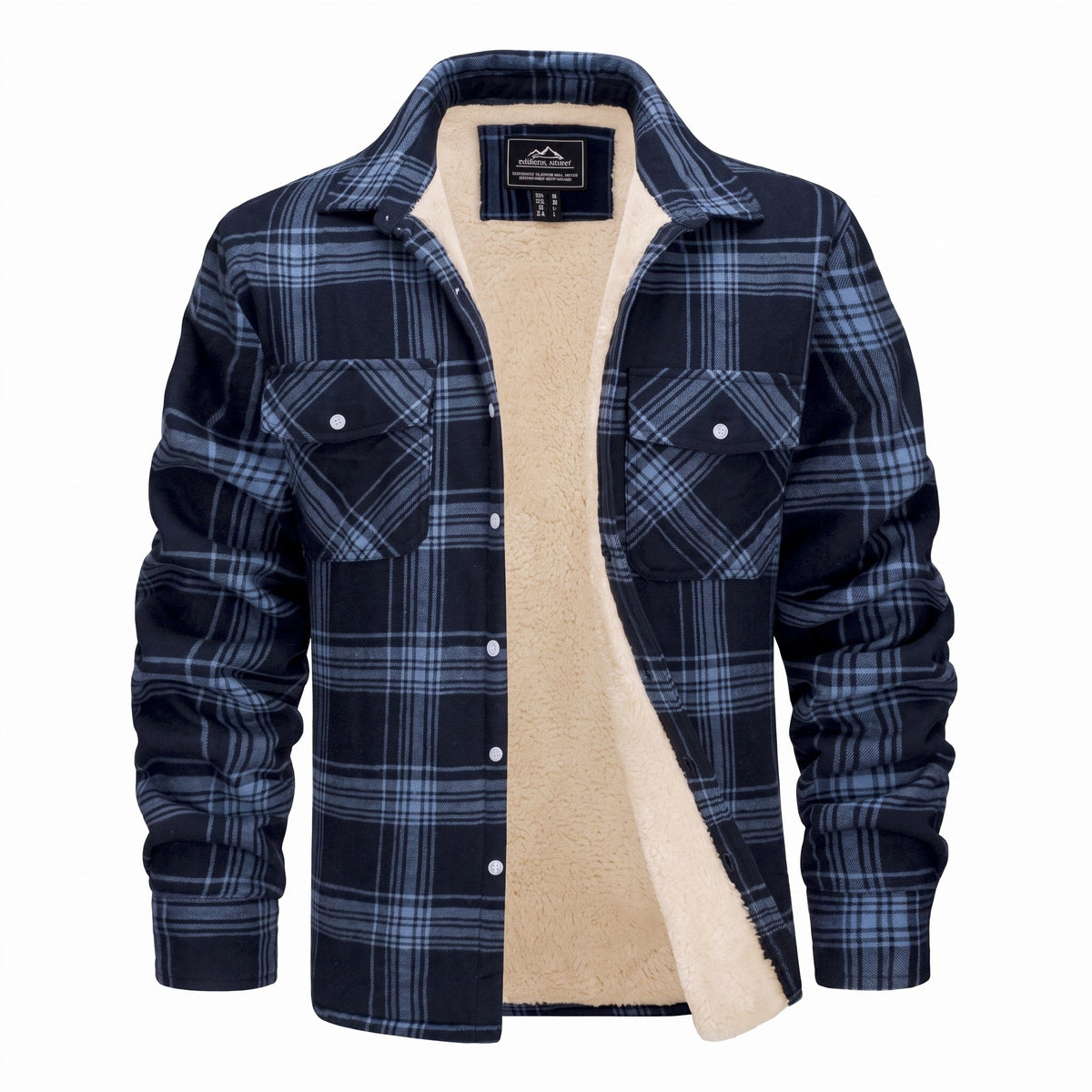 Marcus - Men's Sherpa-Lined Plaid Flannel Shirt Jacket with Chest Pockets - Coats & Jackets - Blue - Parker&Brooks