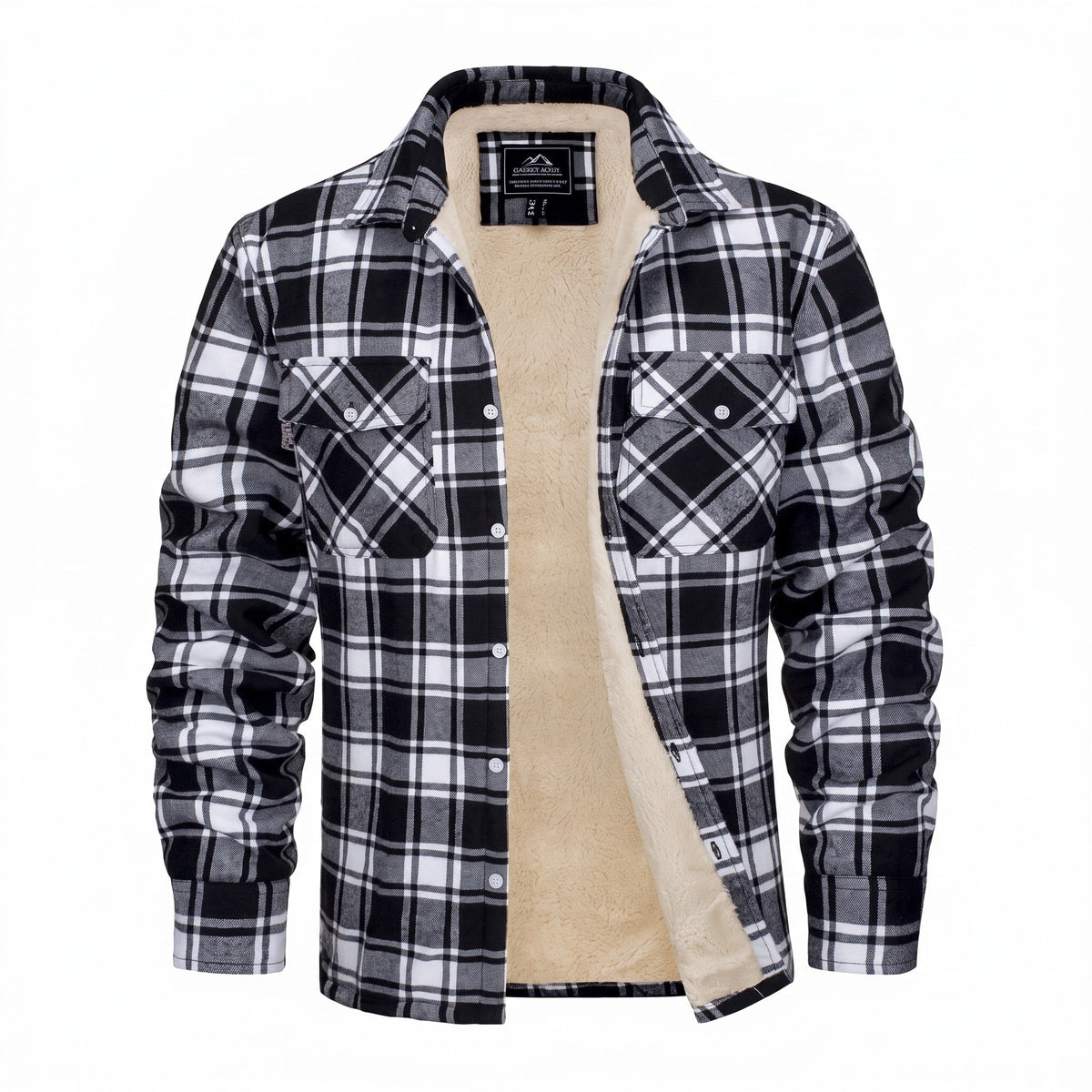 Marcus - Men's Sherpa-Lined Plaid Flannel Shirt Jacket with Chest Pockets - Coats & Jackets - Black - Parker&Brooks