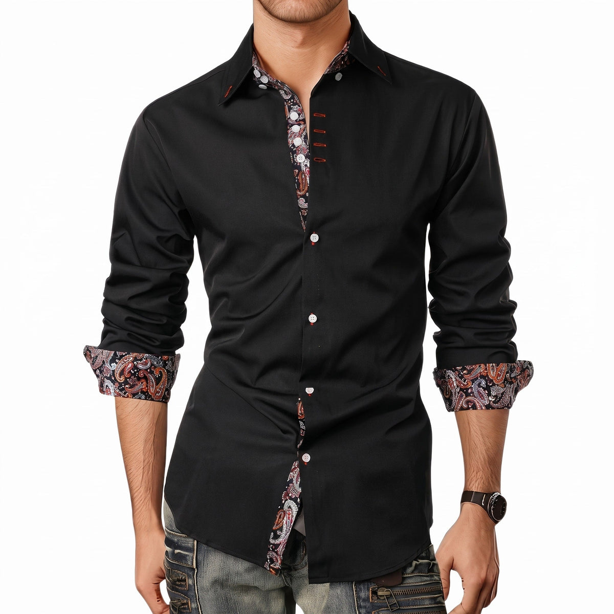 Marcus - Men's Slim Fit Button-Down Shirt with Paisley Trim - Shirts - Black - Parker&Brooks