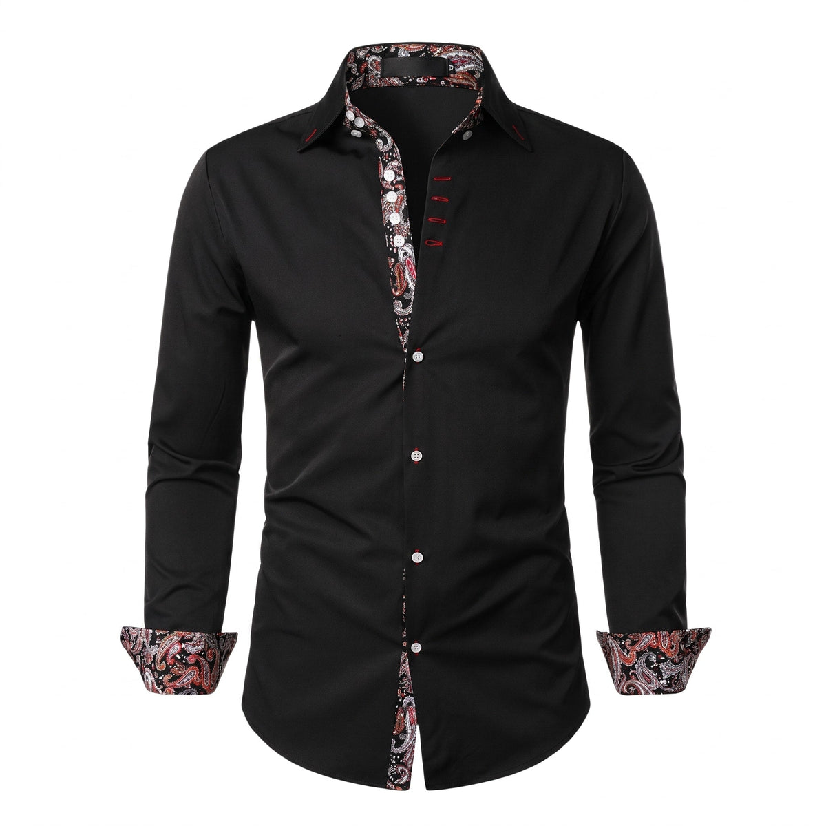 Marcus - Men's Slim Fit Button-Down Shirt with Paisley Trim - Shirts - Black - Parker&Brooks
