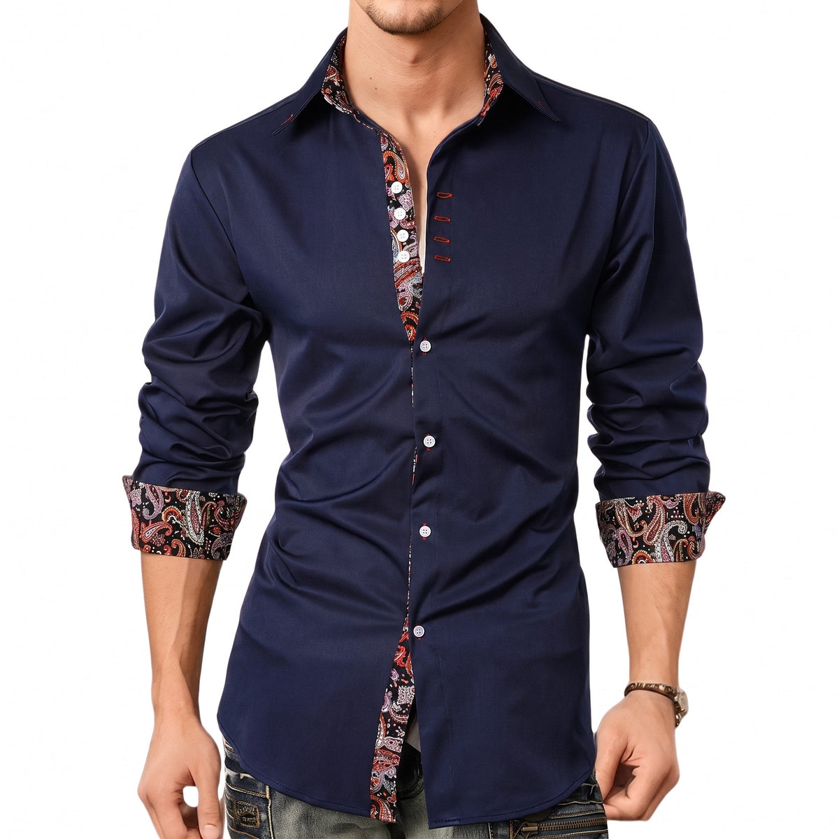 Marcus - Men's Slim Fit Button-Down Shirt with Paisley Trim - Shirts - Navy Blue - Parker&Brooks