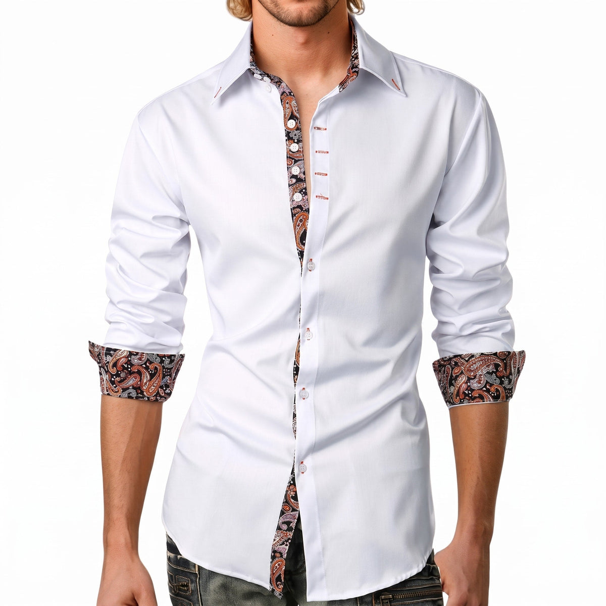 Marcus - Men's Slim Fit Button-Down Shirt with Paisley Trim - Shirts - White - Parker&Brooks