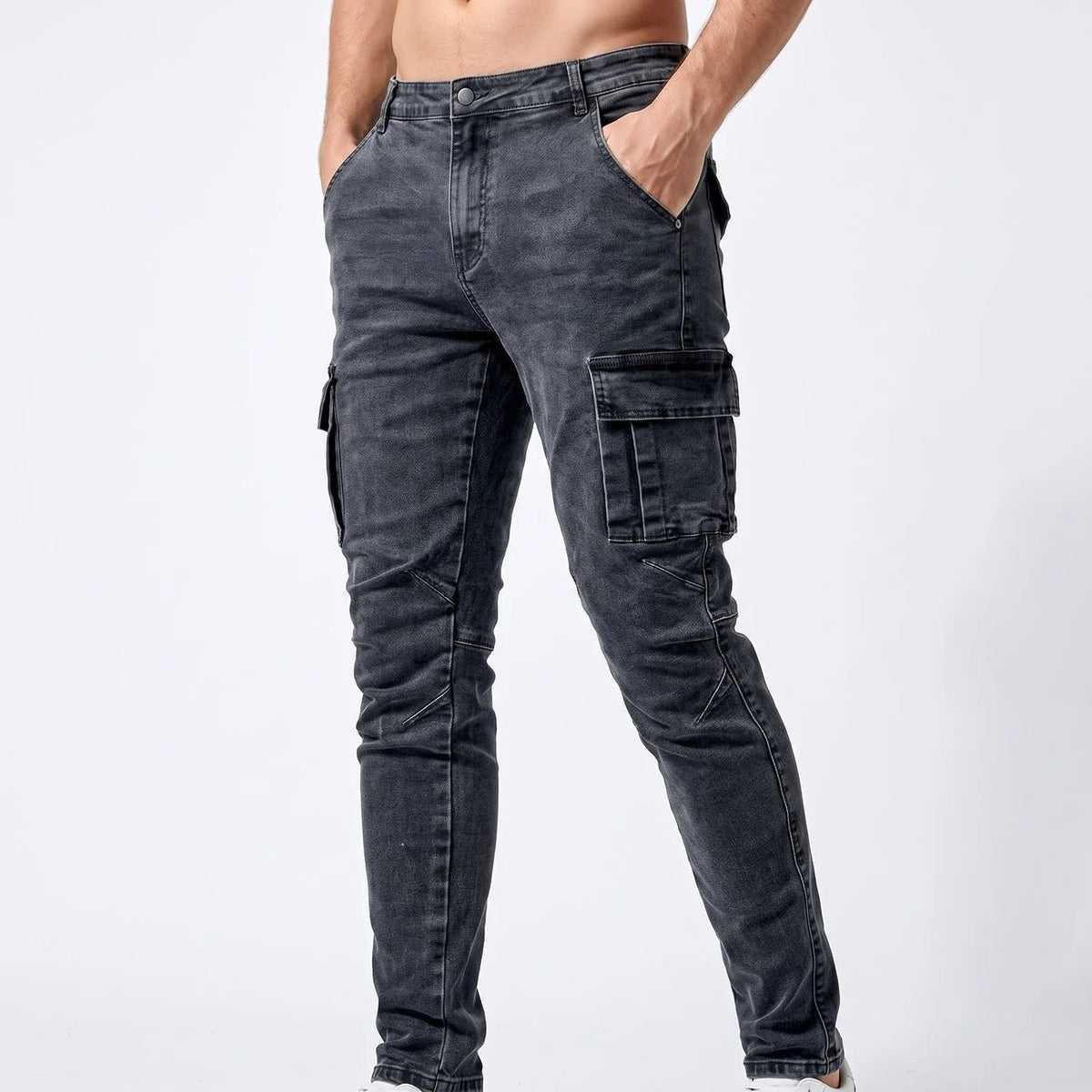 Marcus - Men's Slim Fit Cargo Jeans with Multiple Pockets - Jeans - Gray - Parker&Brooks
