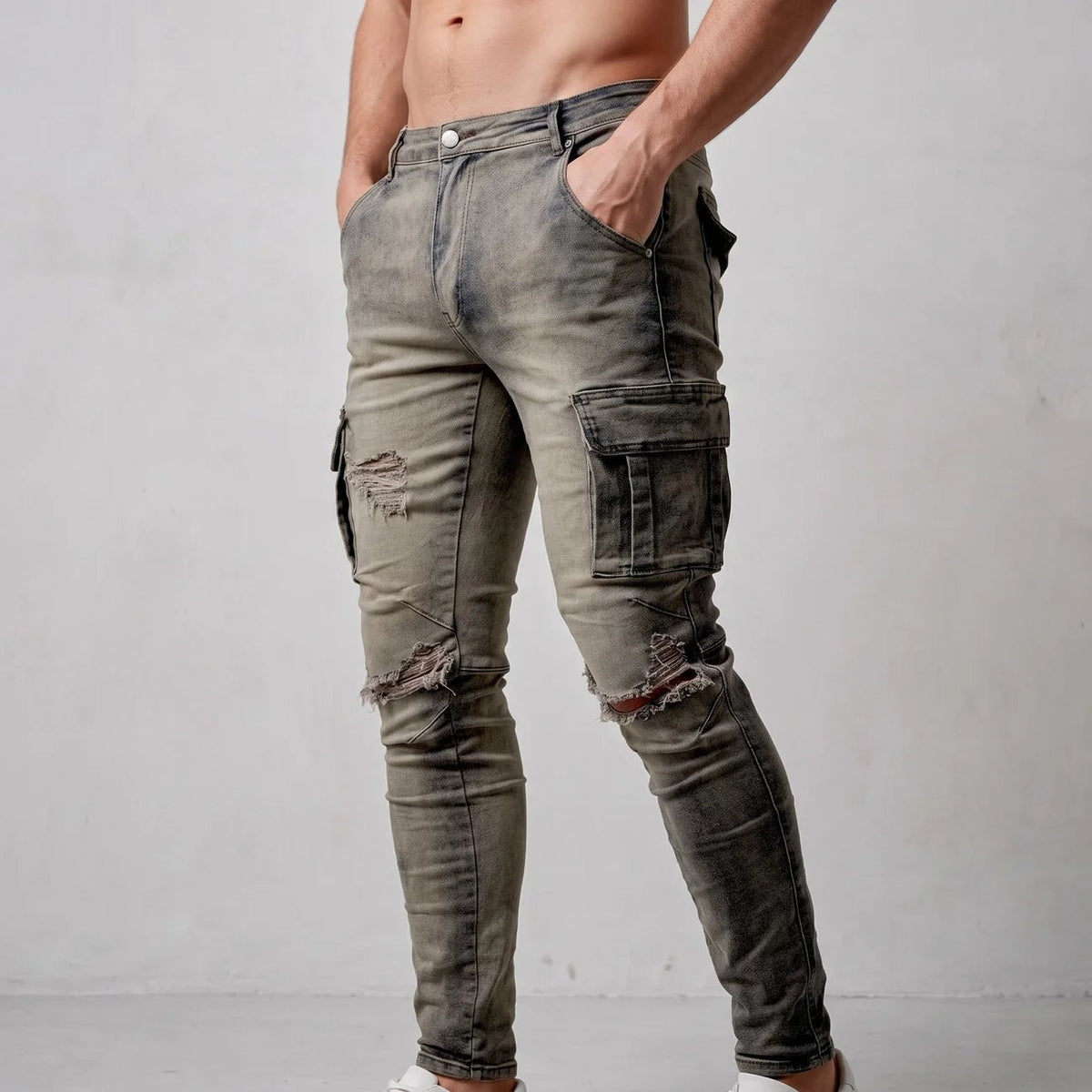 Marcus - Men's Slim Fit Cargo Jeans with Multiple Pockets - Jeans - Khaki - Parker&Brooks