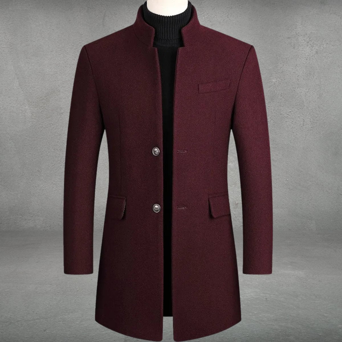 Marcus - Men's Slim Fit Stand Collar Button-Front Longline Coat - Overcoats - Burgundy - Sarvento