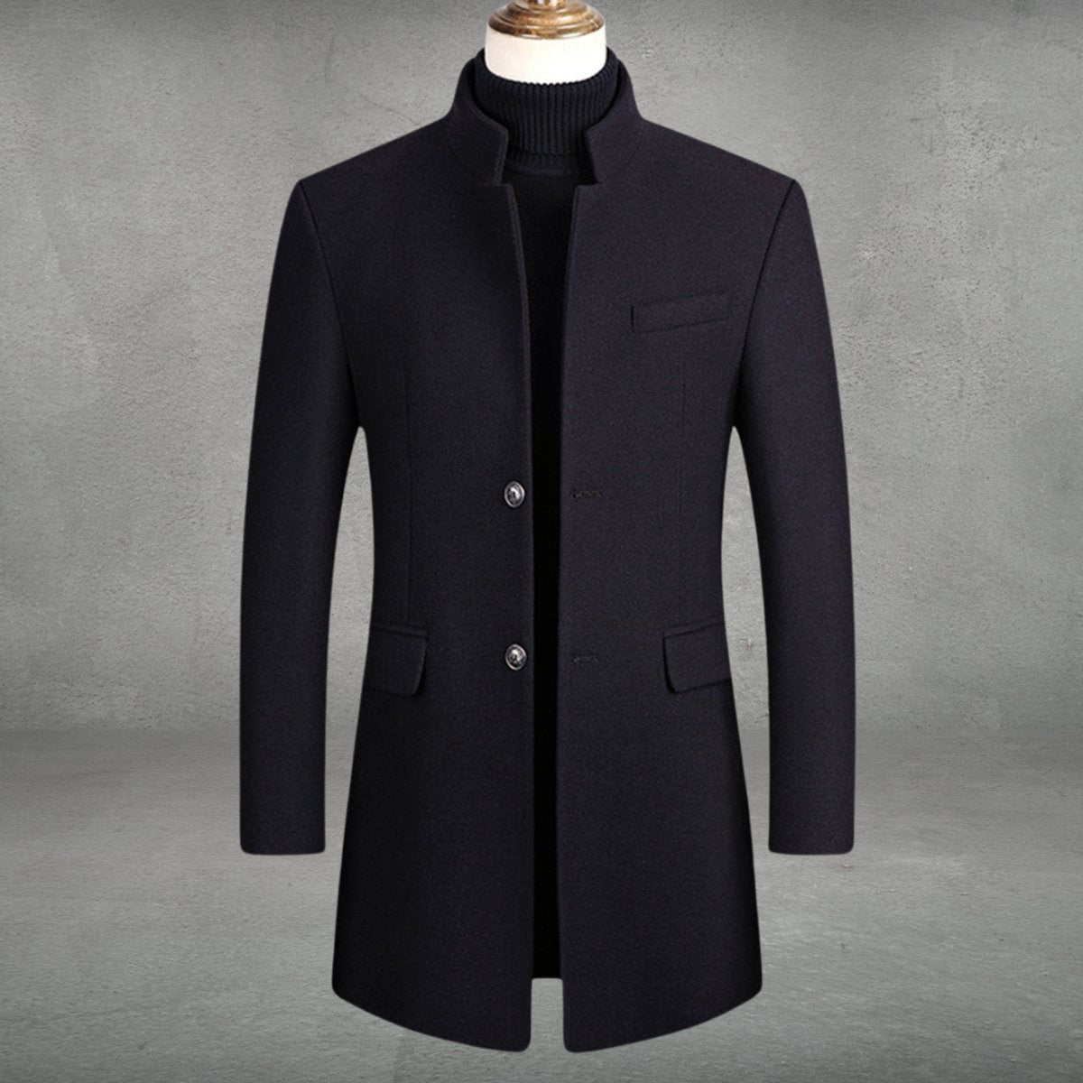 Marcus - Men's Slim Fit Stand Collar Button-Front Longline Coat - Overcoats - Navy Blue - Sarvento