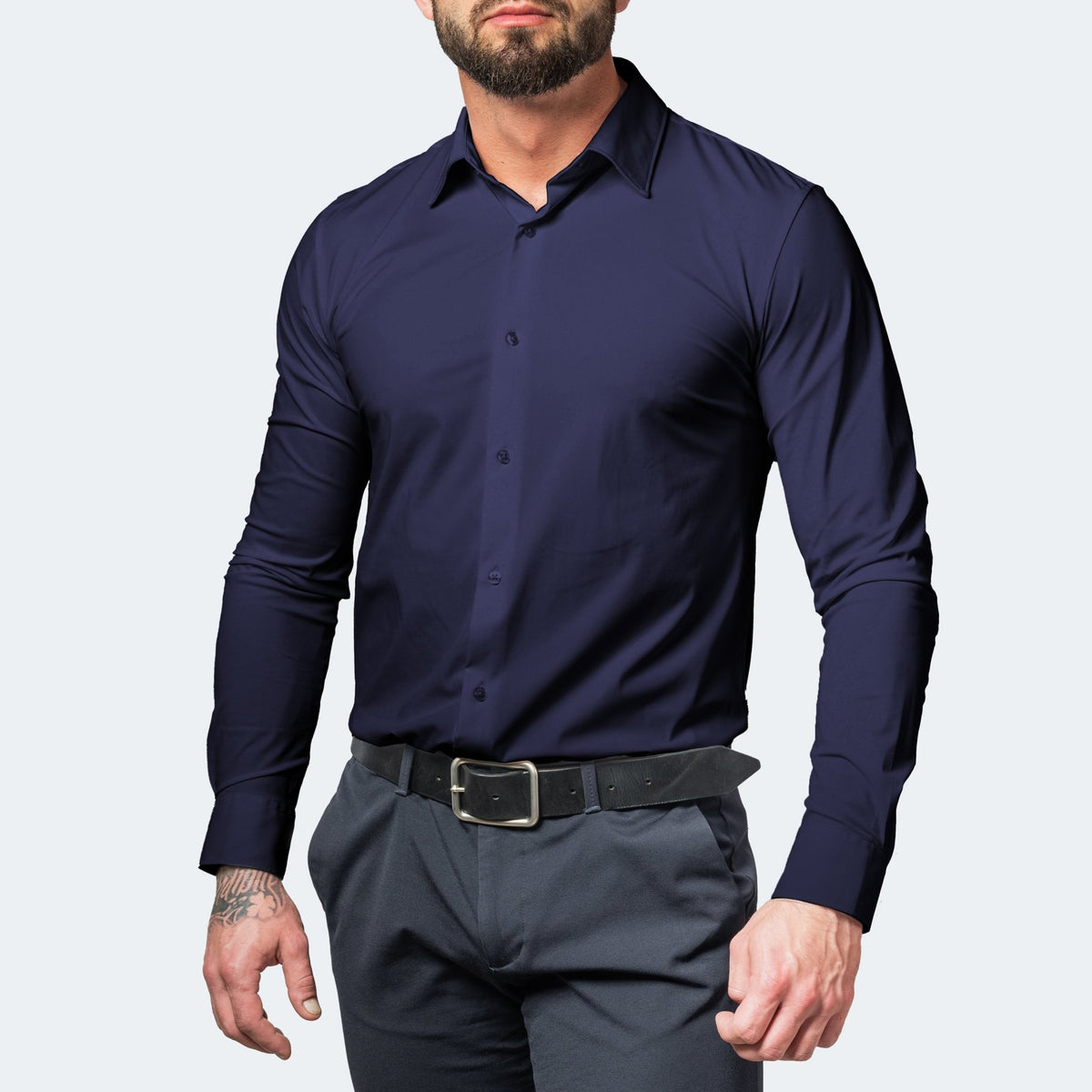 Marcus - Men's Slim Fit Stretch Dress Shirt with Button Cuffs - Shirts - Navy Blue - Parker&Brooks