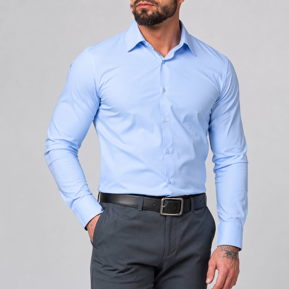 Marcus - Men's Slim Fit Stretch Dress Shirt with Button Cuffs - Shirts - Light Blue - Parker&Brooks