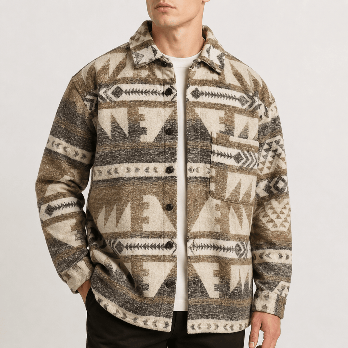 Marcus - Men's Southwestern Print Shirt Jacket with Chest Pocket - Coats & Jackets - Light Brown - Parker&Brooks