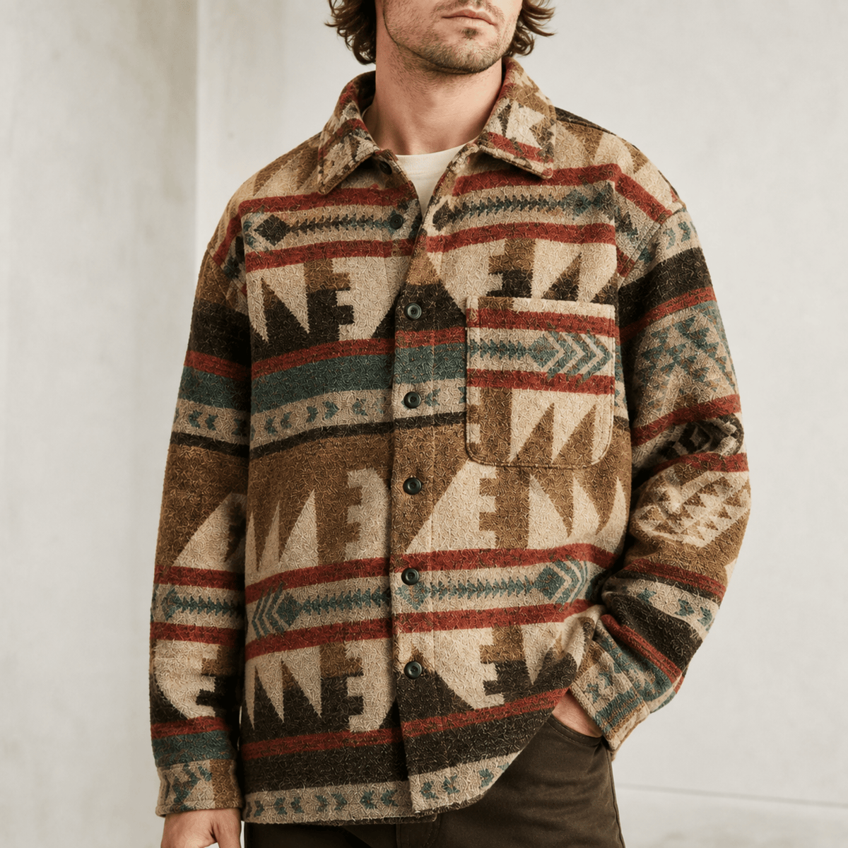 Marcus - Men's Southwestern Print Shirt Jacket with Chest Pocket - Coats & Jackets - Dark Brown - Parker&Brooks