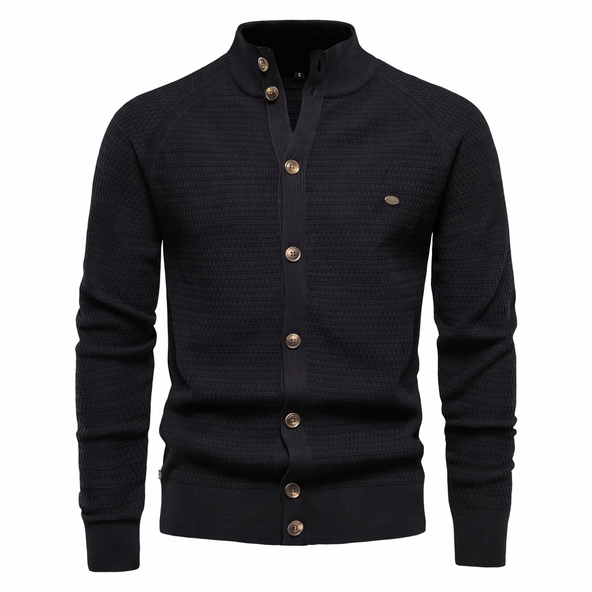 Marcus - Men's Stand Collar Cable Knit Button-Front Cardigan Sweater - Cardigans - Black - Sarvento