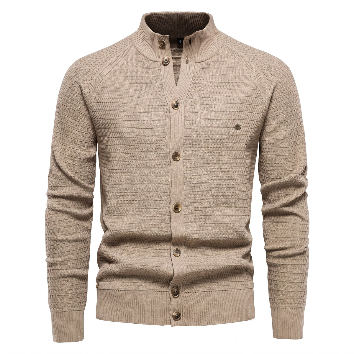 Marcus - Men's Stand Collar Cable Knit Button-Front Cardigan Sweater - Cardigans - Khaki - Sarvento