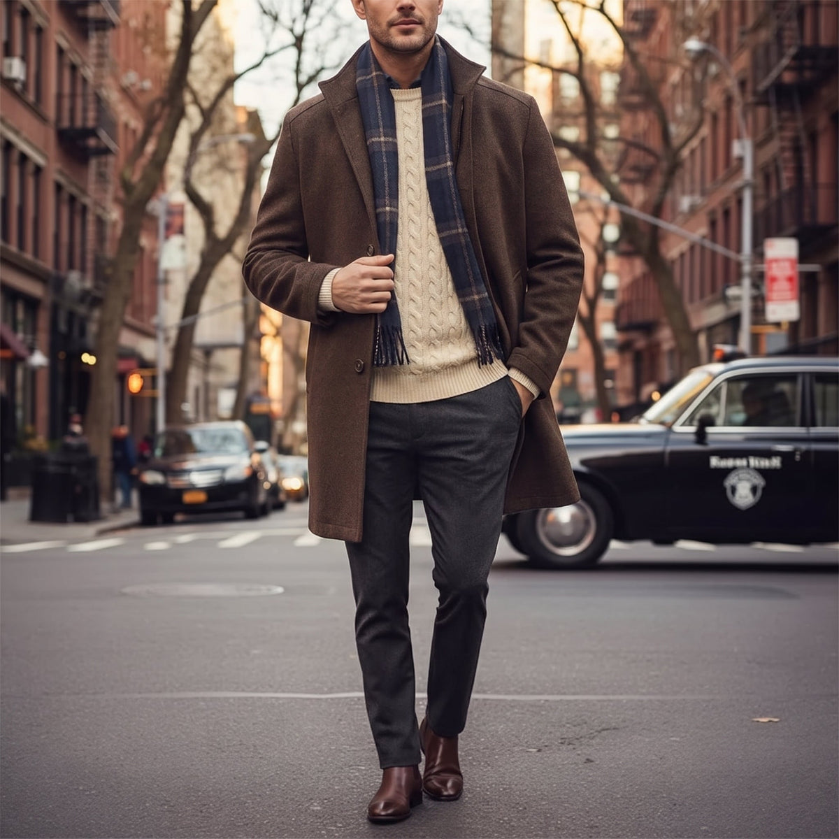 Marcus - Men's Stand Collar Zip-Front Longline Wool-Look Overcoat - Overcoats - Brown - Sarvento