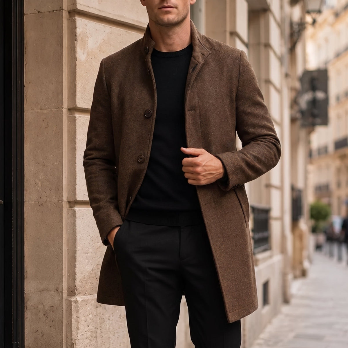 Marcus - Men's Stand Collar Zip-Front Longline Wool-Look Overcoat - Overcoats - Brown - Sarvento