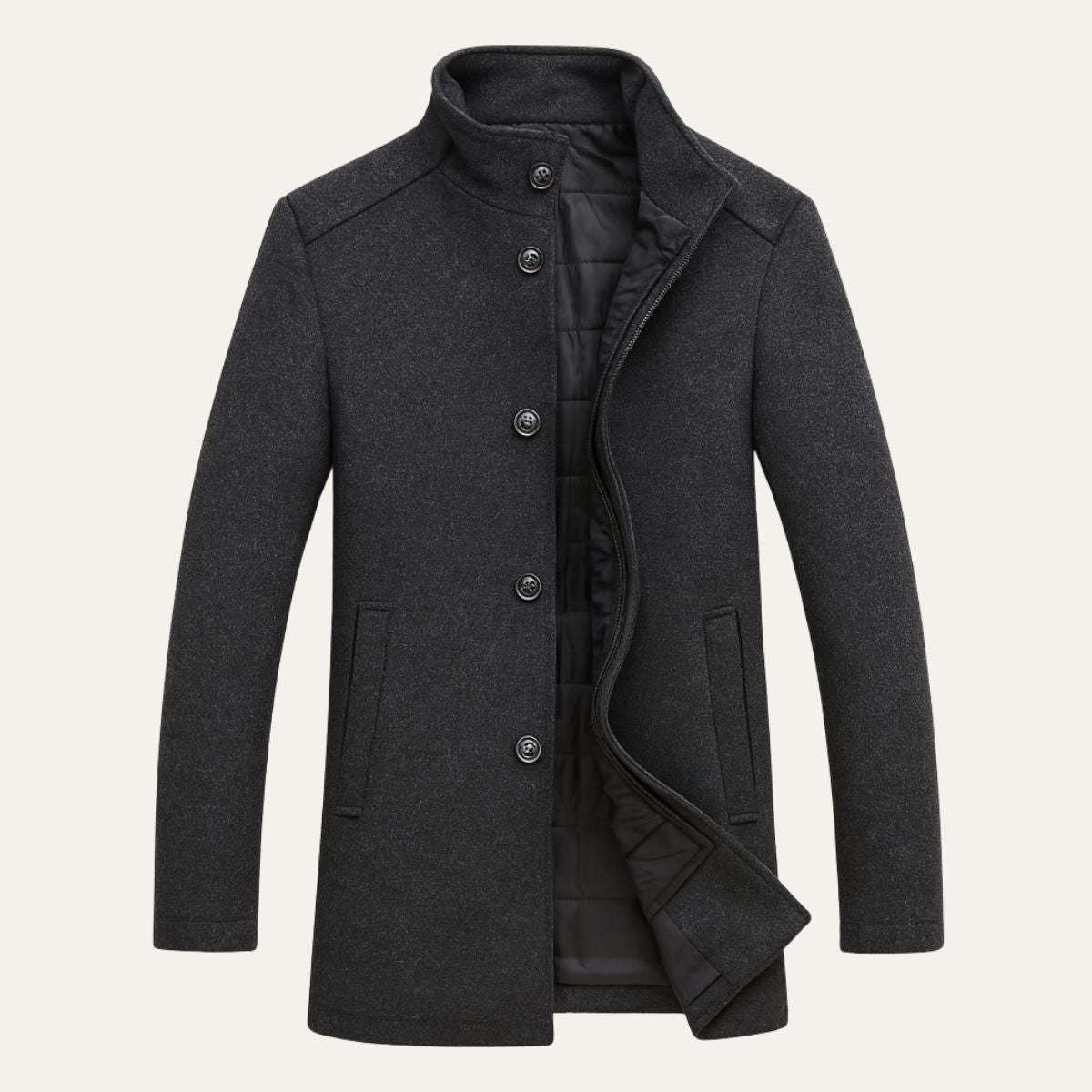 Marcus - Men's Stand Collar Zip-Front Longline Wool-Look Overcoat - Overcoats - Black - Sarvento