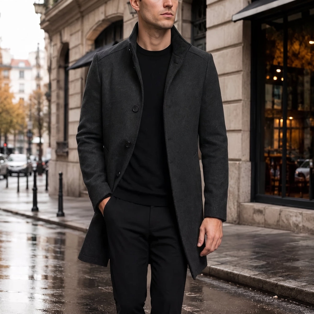 Marcus - Men's Stand Collar Zip-Front Longline Wool-Look Overcoat - Overcoats - Black - Sarvento