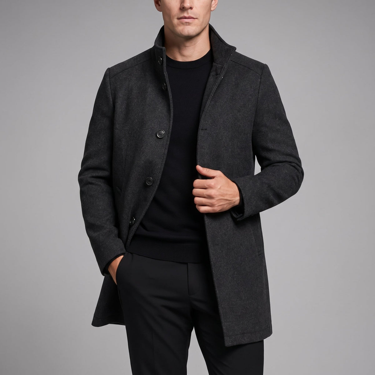 Marcus - Men's Stand Collar Zip-Front Longline Wool-Look Overcoat - Overcoats - Black - Sarvento