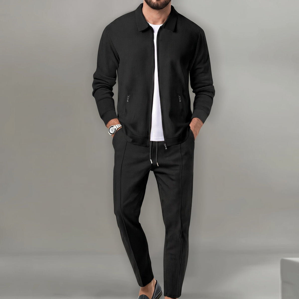 Marcus - Men's Tailored Long Sleeve Trouser Set with Zip Pockets - Outfit Sets - Black - Parker&Brooks