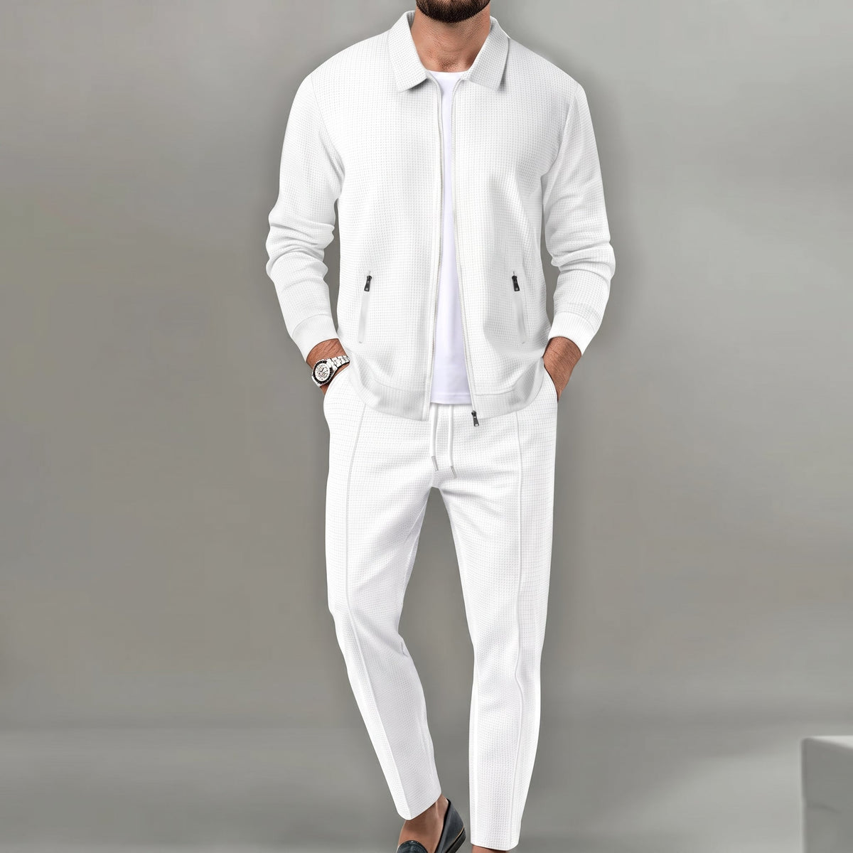 Marcus - Men's Tailored Long Sleeve Trouser Set with Zip Pockets - Outfit Sets - White - Parker&Brooks