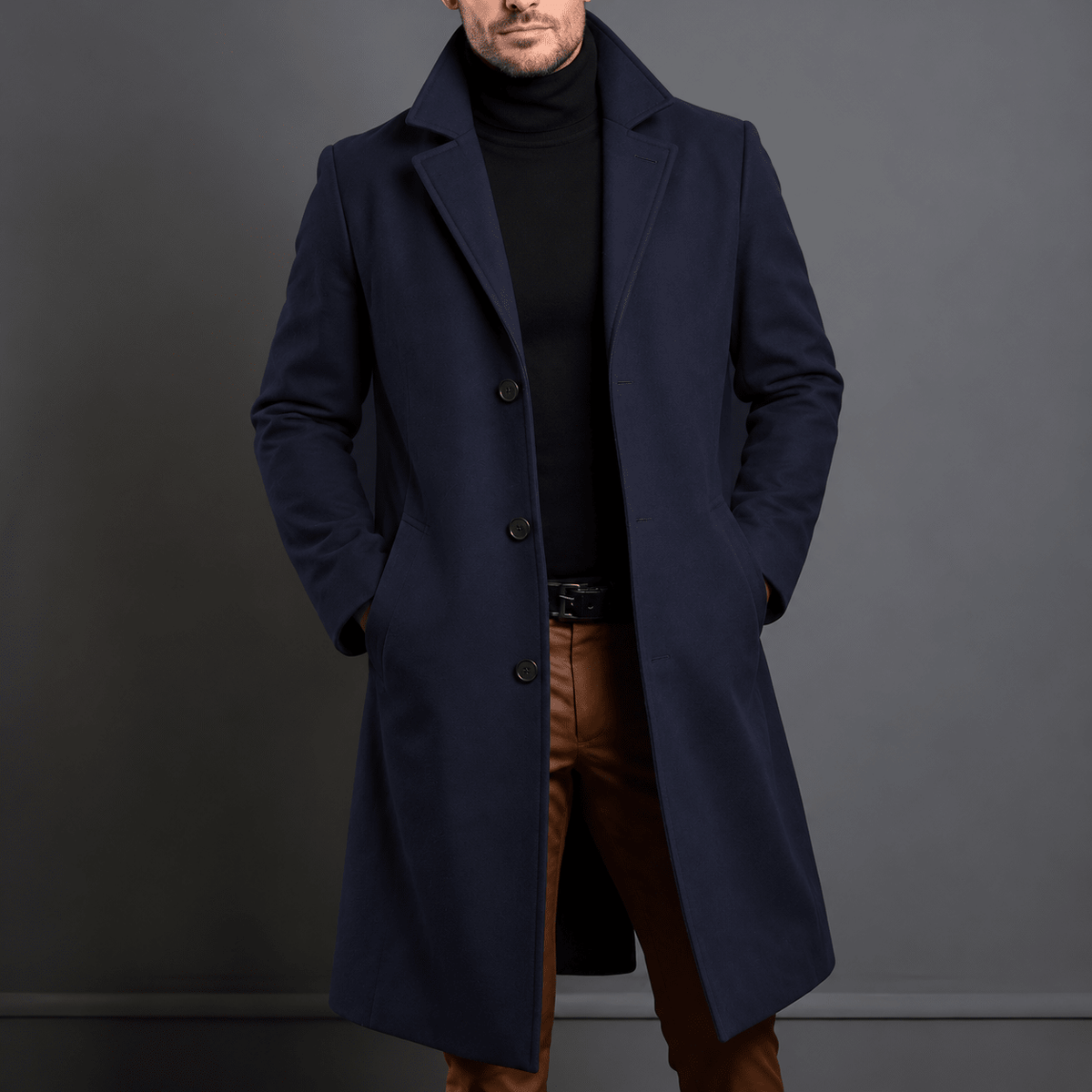 Marcus - Men's Tailored Single-Breasted Notch Lapel Longline Wool Overcoat - Overcoats - Khaki - Sarvento