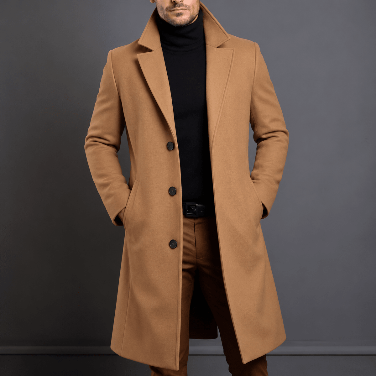Marcus - Men's Tailored Single-Breasted Notch Lapel Longline Wool Overcoat - Overcoats - Khaki - Sarvento