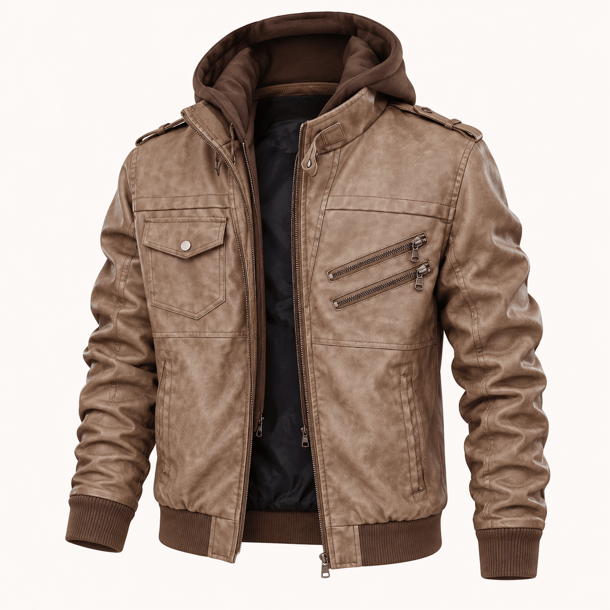 Marcus - Men's Vintage Style Hooded Biker Jacket with Zip Pockets - Coats & Jackets - Brown - Sarvento