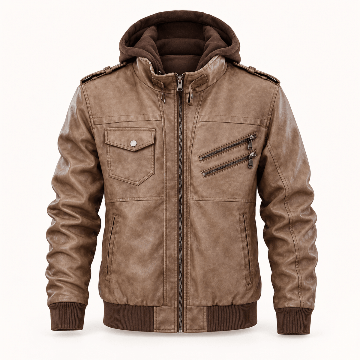 Marcus - Men's Vintage Style Hooded Biker Jacket with Zip Pockets - Coats & Jackets - Brown - Sarvento