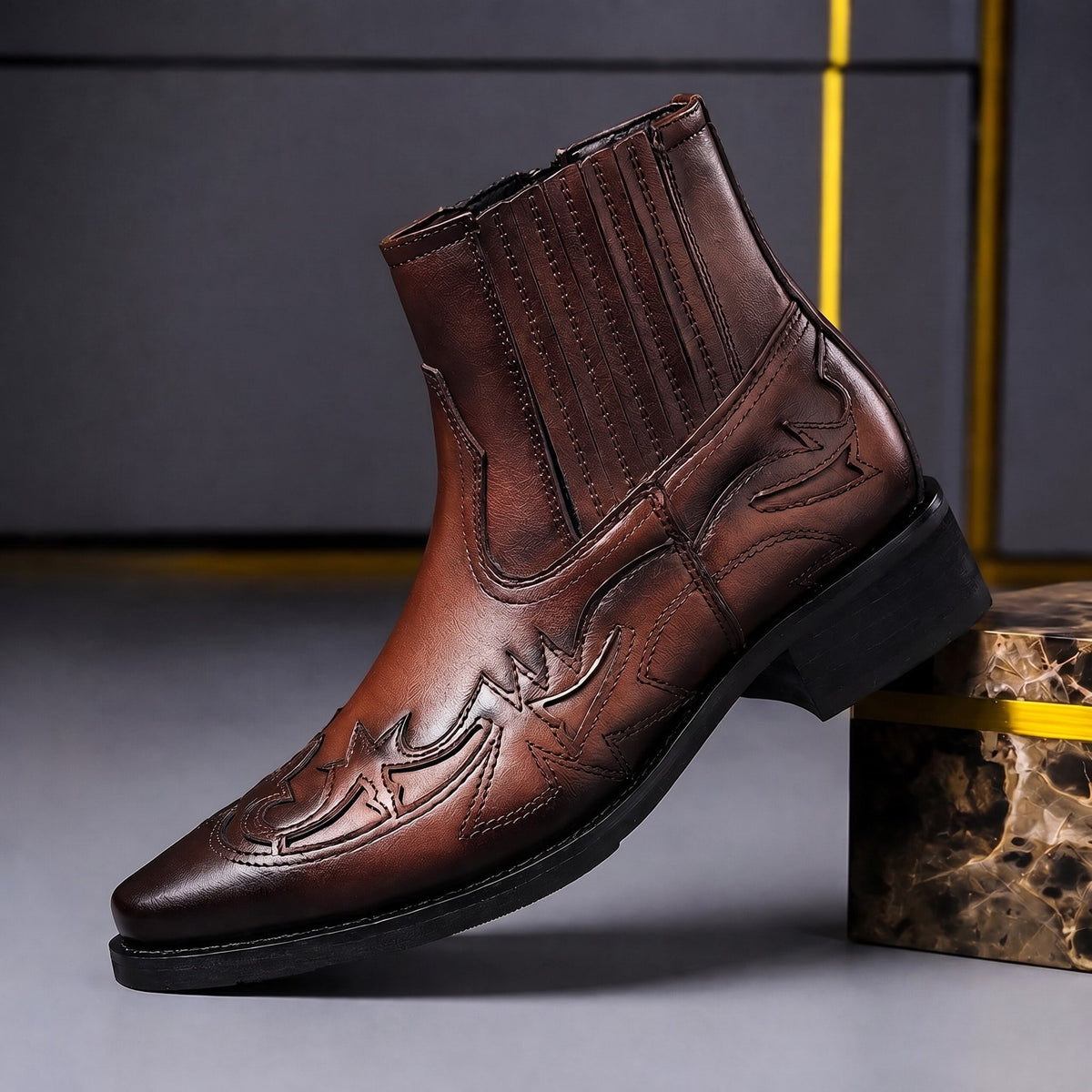 Marcus - Men's Western Ankle Boots with Stitched Detailing - Boots - Brown - Parker&Brooks