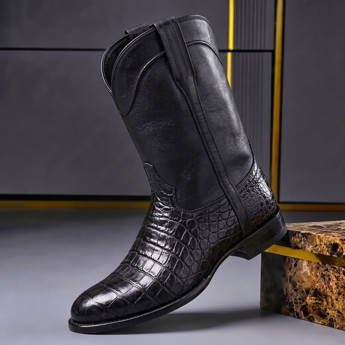 Marcus - Men's Western Cowboy Boots with Croc-Print Toe - Boots - Black - Sarvento