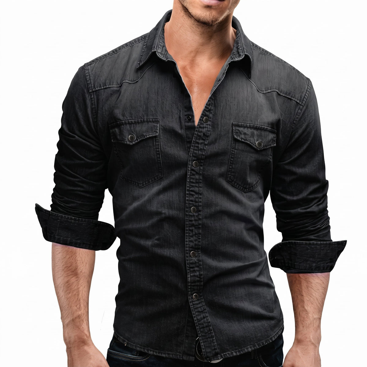 Marcus - Men's Western Long Sleeve Shirt with Snap Buttons - Shirts - Black - Parker&Brooks