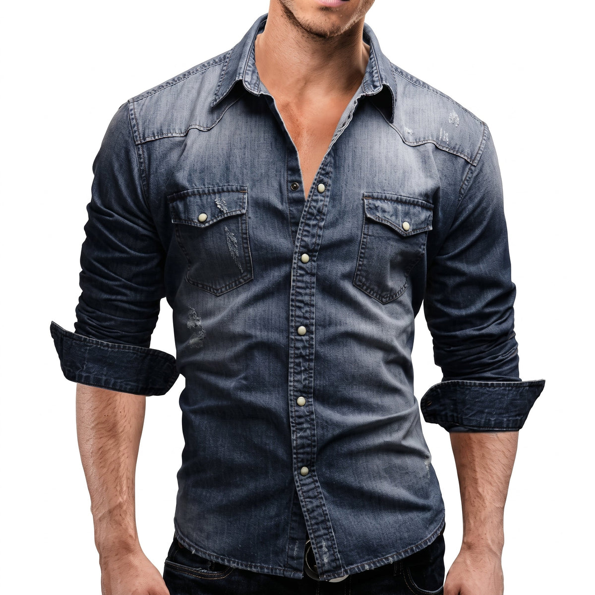 Marcus - Men's Western Long Sleeve Shirt with Snap Buttons - Shirts - Dark Blue - Parker&Brooks
