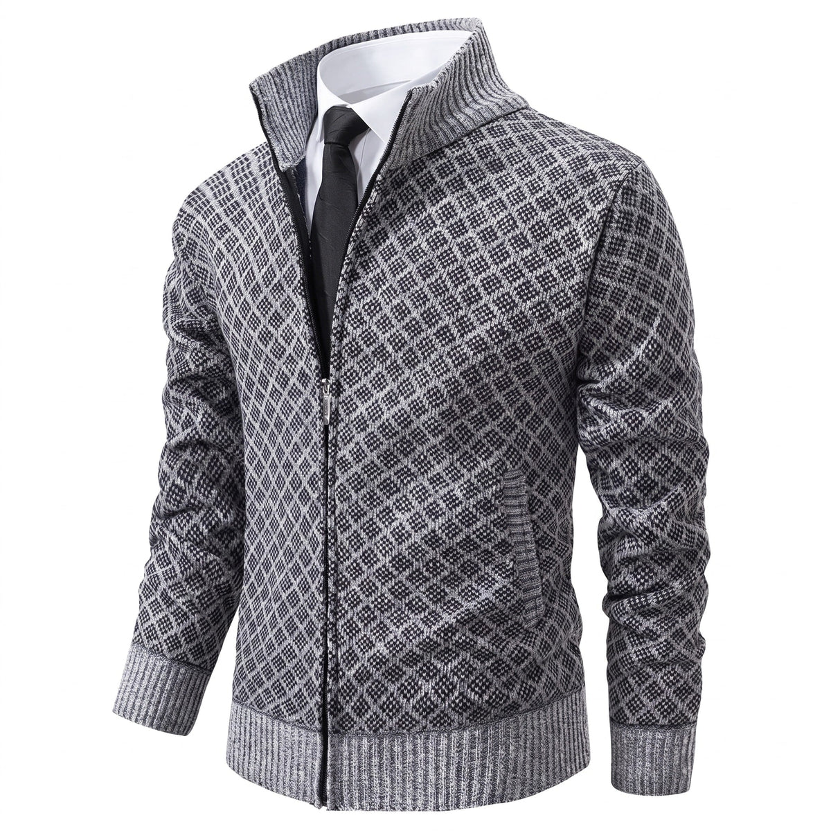 Marcus - Men's Zip-Up Diamond Knit Pattern and Stand Collar - Coats & Jackets - Gray - Parker&Brooks