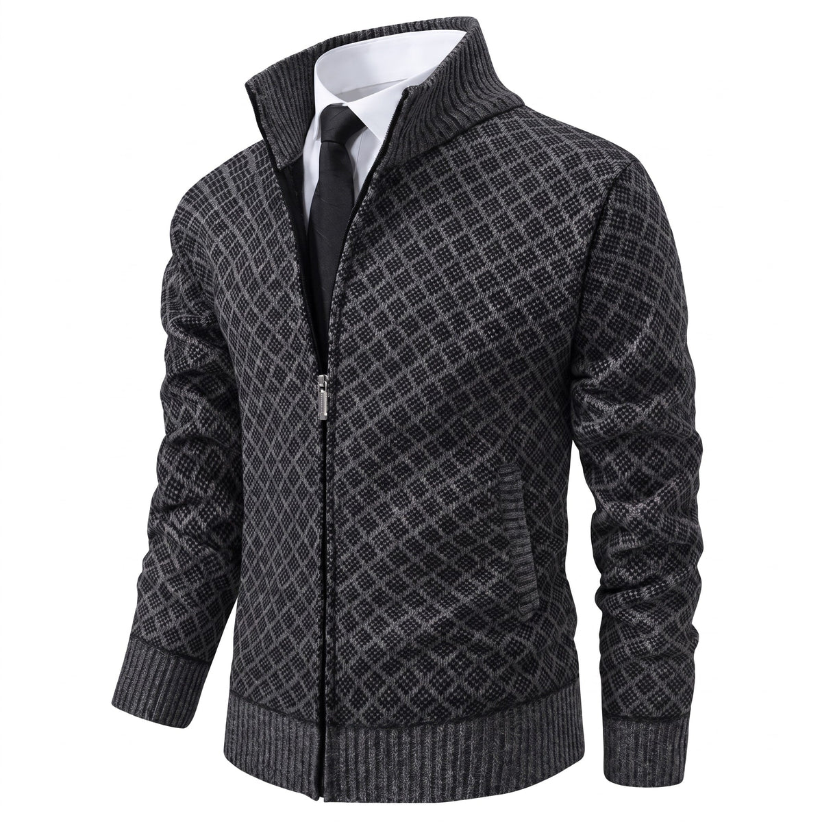 Marcus - Men's Zip-Up Diamond Knit Pattern and Stand Collar - Coats & Jackets - Dark Gray - Parker&Brooks